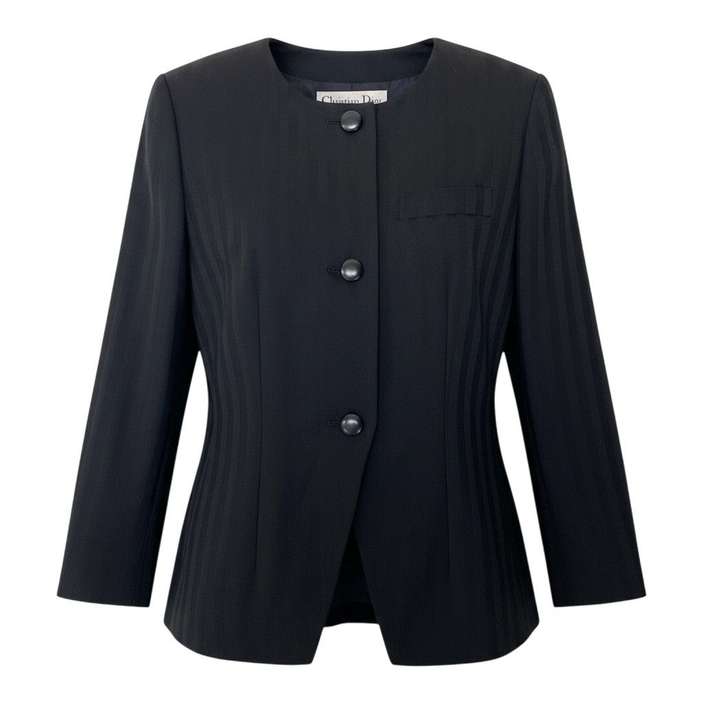 Dior Collarless Jacket Wool Striped Pattern 9 Black
