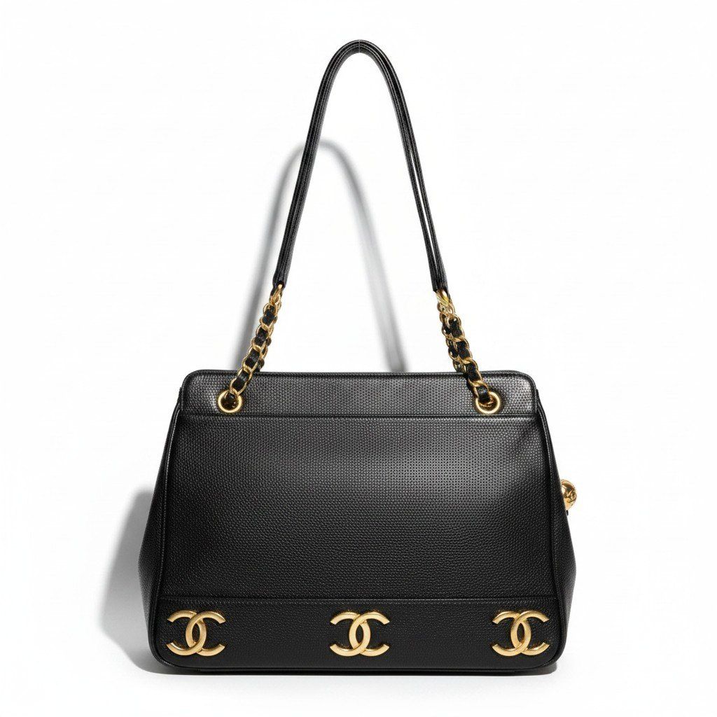 Chanel Triple CC Logo Caviar Leather Shoulder Bag Coco Chain Black