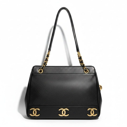 Chanel Triple CC Logo Caviar Leather Shoulder Bag Coco Chain Black