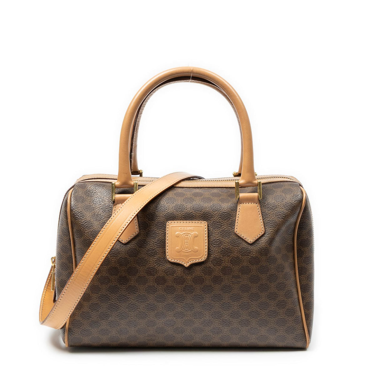 Celine Mini Boston Beige Brown Macadam Canvas