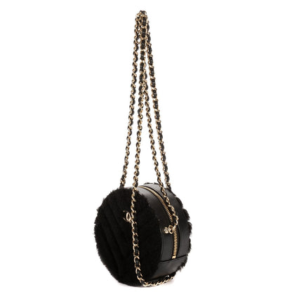 Chanel CC Shearling Chevron Round Crossbody Black Canvasa — view 2