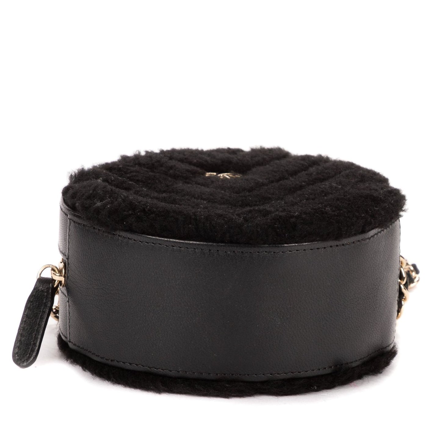 Chanel CC Shearling Chevron Round Crossbody Black Canvasa — view 6