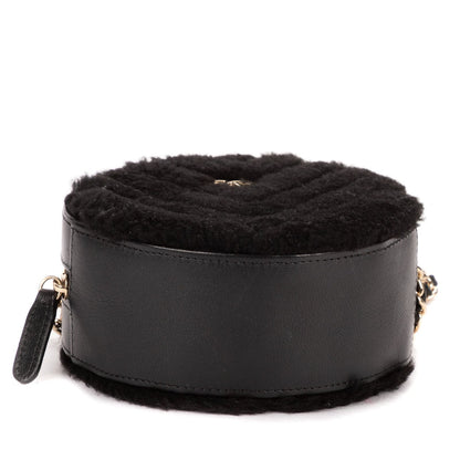 Chanel CC Shearling Chevron Round Crossbody Black Canvasa — view 6