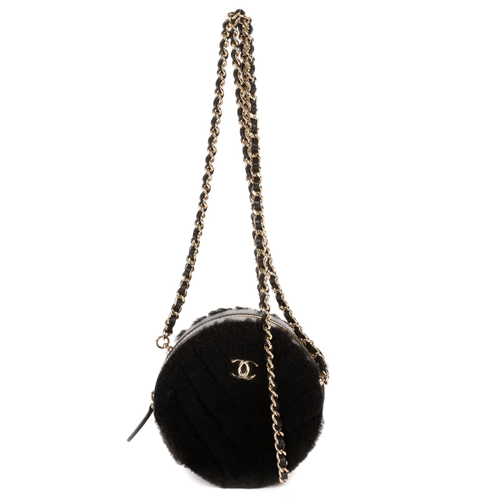 Chanel CC Shearling Chevron Round Crossbody Black Canvasa