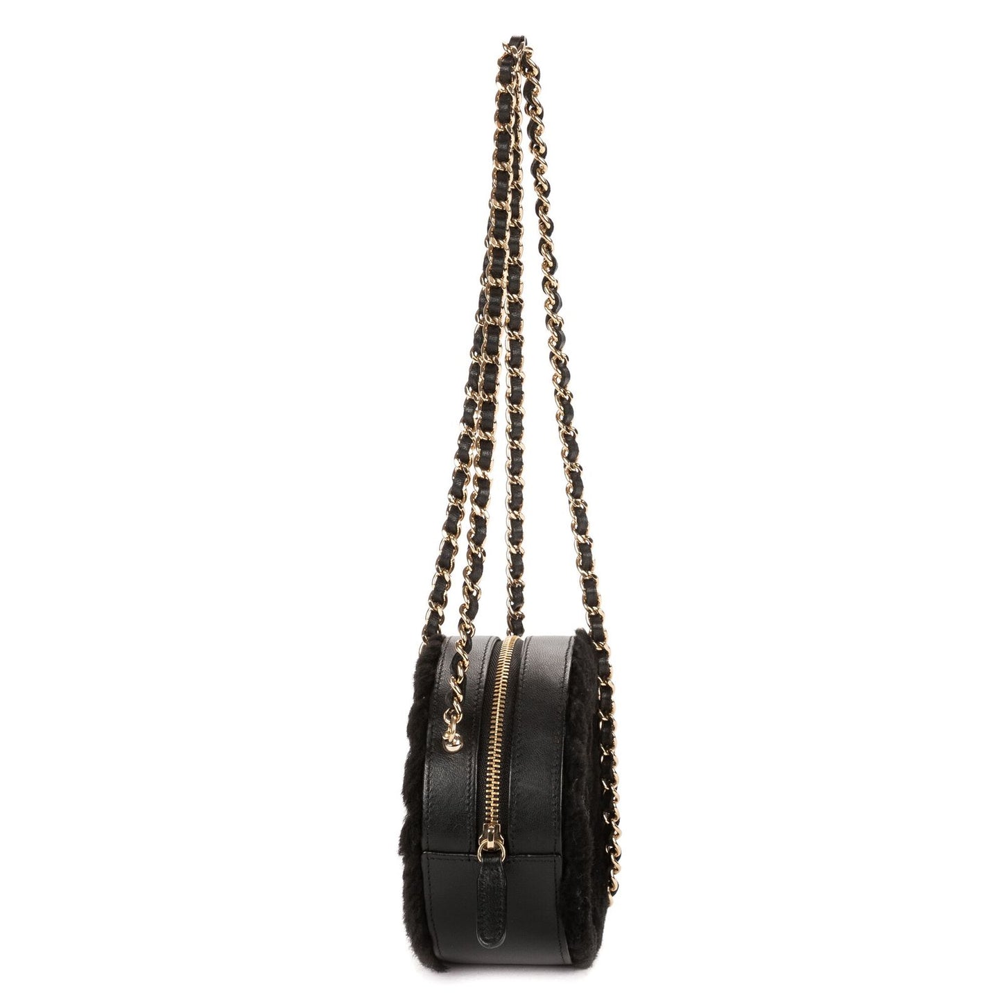 Chanel CC Shearling Chevron Round Crossbody Black Canvasa — view 4