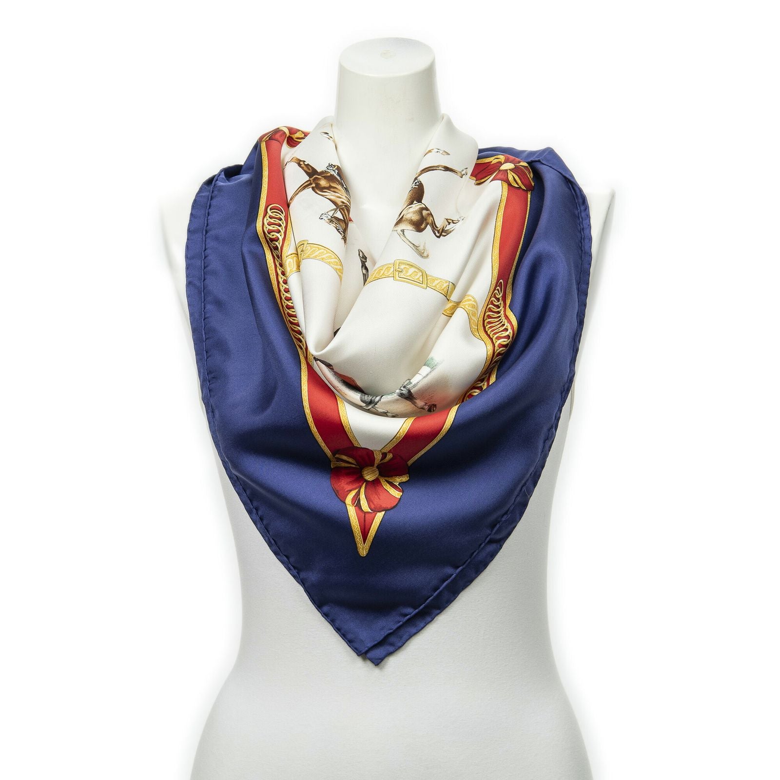 Hermes Scarf Navy Red White Twill Silk