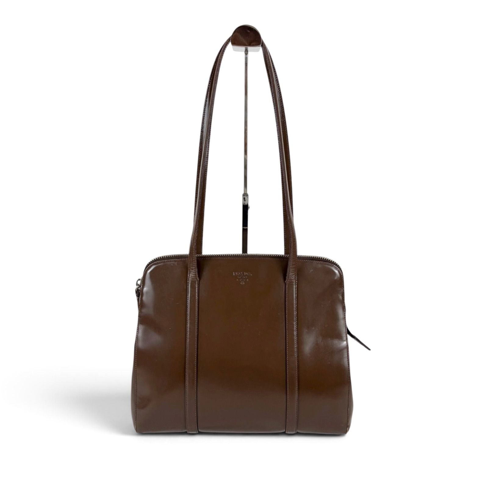 Prada Mirror Calf Leather Tote Calfskin Brown