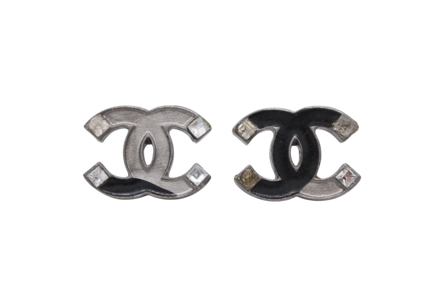 Chanel CC Logo Earrings 05 Metal Enamel Rhinestone Silver
