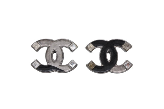 Chanel CC Logo Earrings 05 Metal Enamel Rhinestone Silver