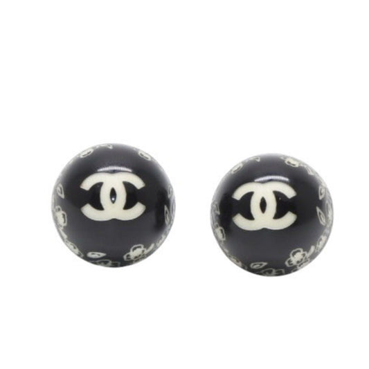 Chanel Earrings CC Logo Button &camellia Black 06c CC&camellia Silver