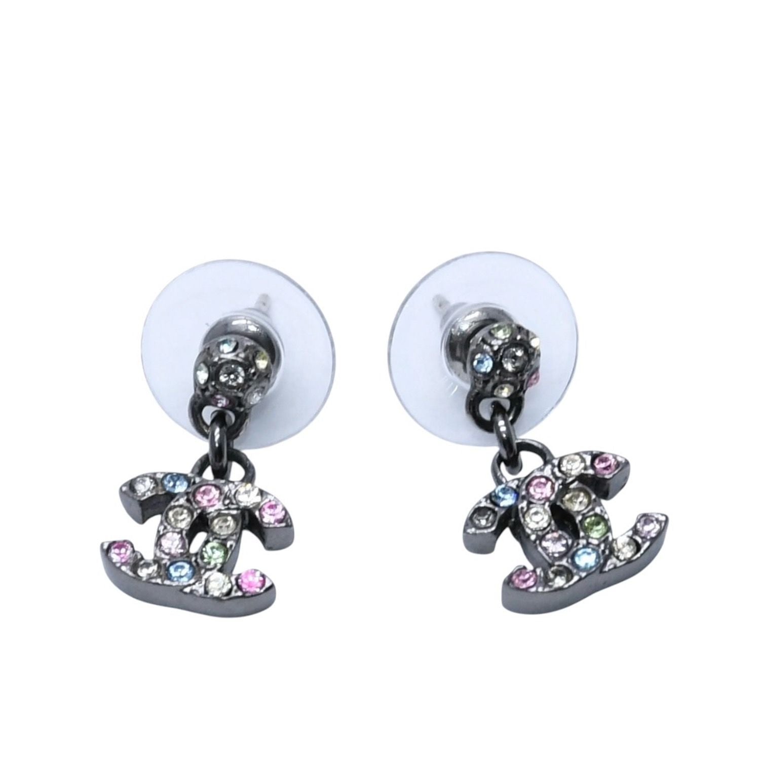 Chanel Earrings Multi Rhinestone Drop CC Logo Silver 05 One Side Dangling CC