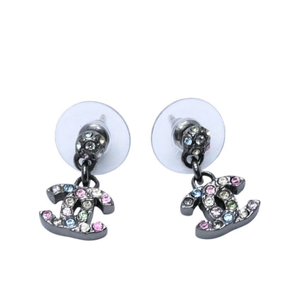 Chanel Earrings Multi Rhinestone Drop CC Logo Silver 05 One Side Dangling CC