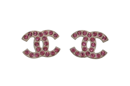 Chanel CC Logo Earrings 06 Rhinestone Metal Gold Plated Pink Clear