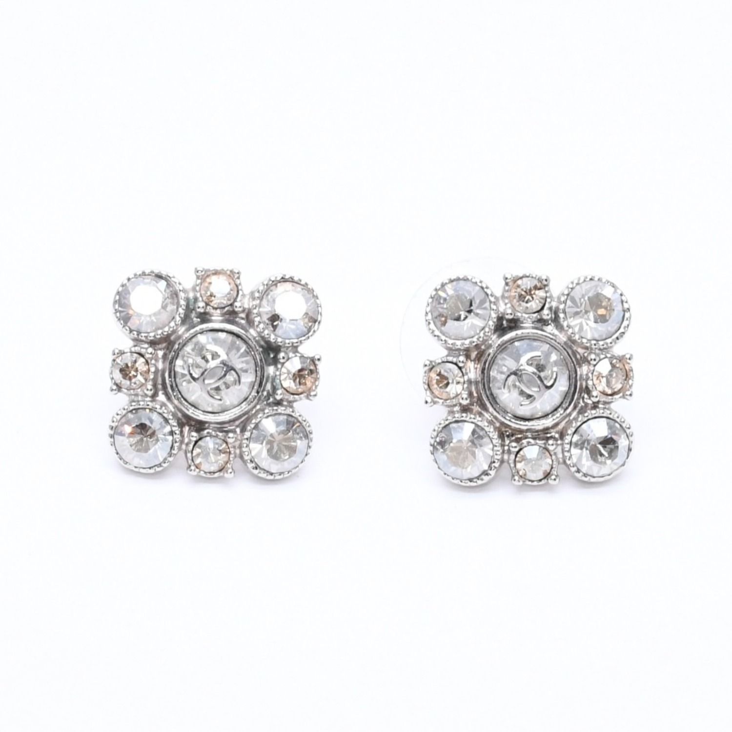 Chanel Earrings Round Big Stone 09 Silver Color Rhinestone