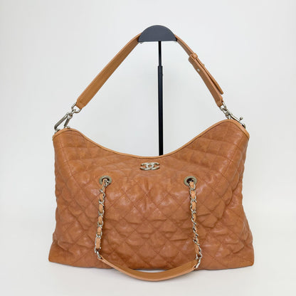 Chanel CC Logo Quilted 2-Way Chain Shoulder Bag Caviar Leather Camel Brown Seal — view 3