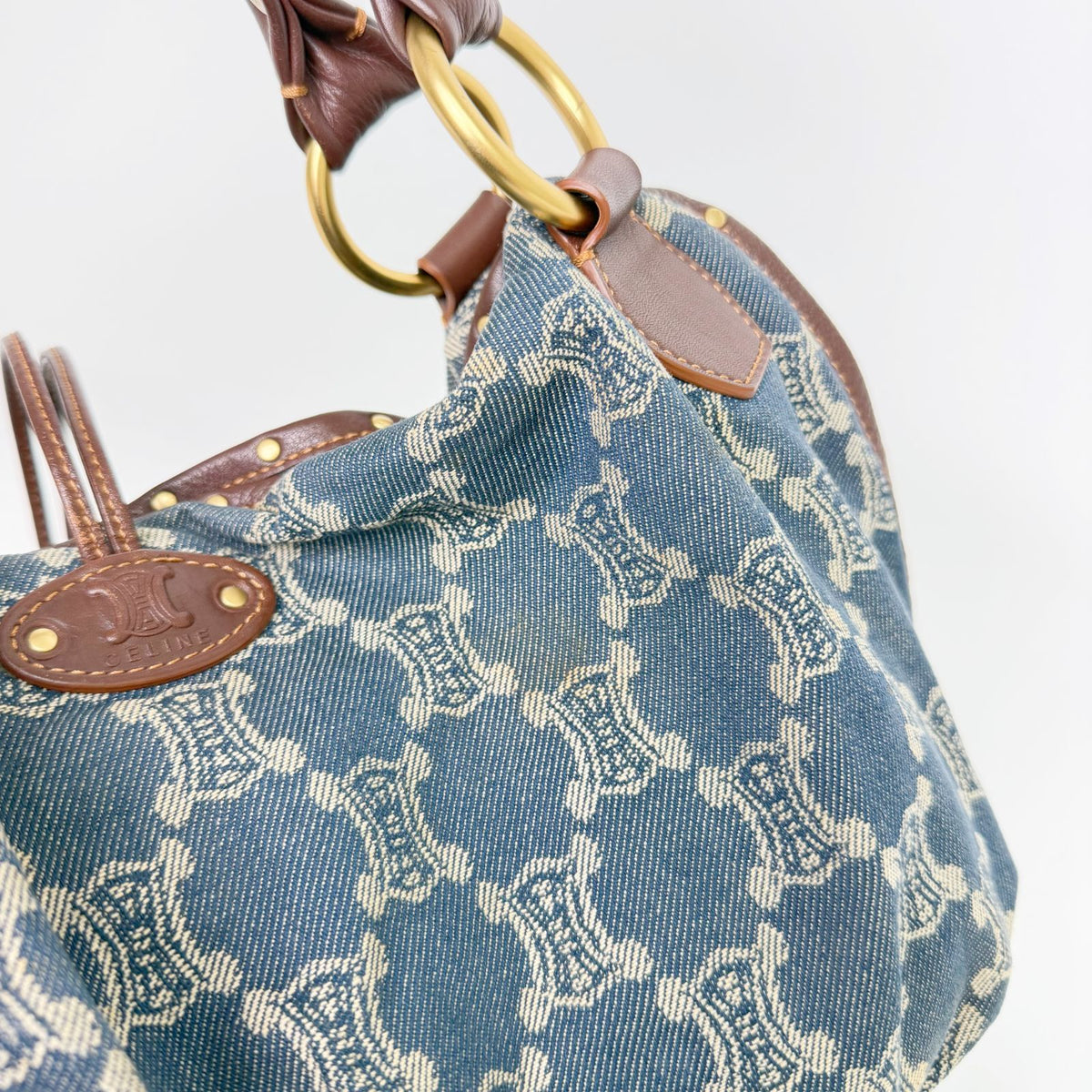 Celine Sulky Monogram Shoulder Bag Denim Leather Blue Brown Gold Vintage — view 2