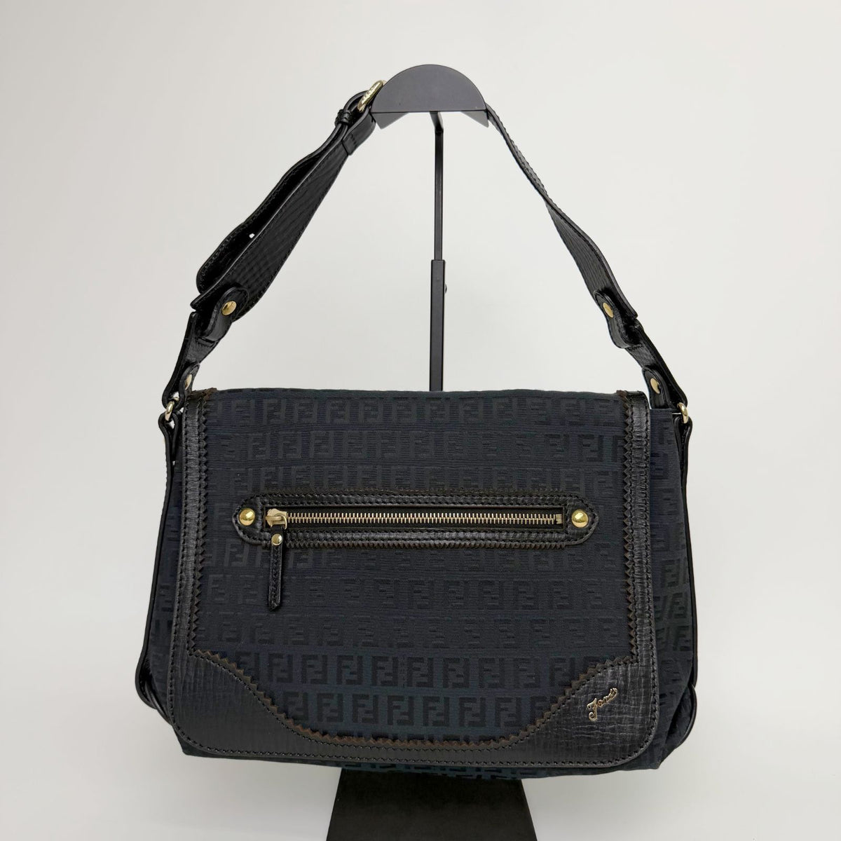 Fendi FF Zucca Front Zip Messenger Shoulder Bag Canvas Leather Black Gold