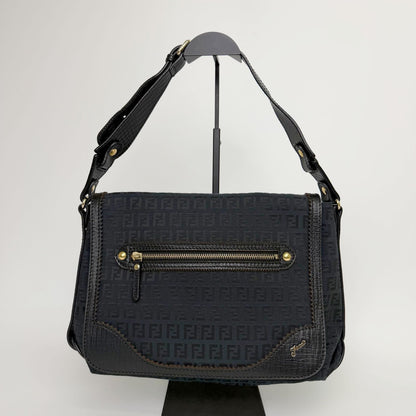 Fendi FF Zucca Front Zip Messenger Shoulder Bag Canvas Leather Black Gold