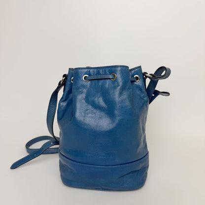 Miu Miu Vitello Shine Drawstring Shoulder Bag Leather Blue Silver Vintage — view 3