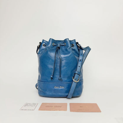Miu Miu Vitello Shine Drawstring Shoulder Bag Leather Blue Silver Vintage
