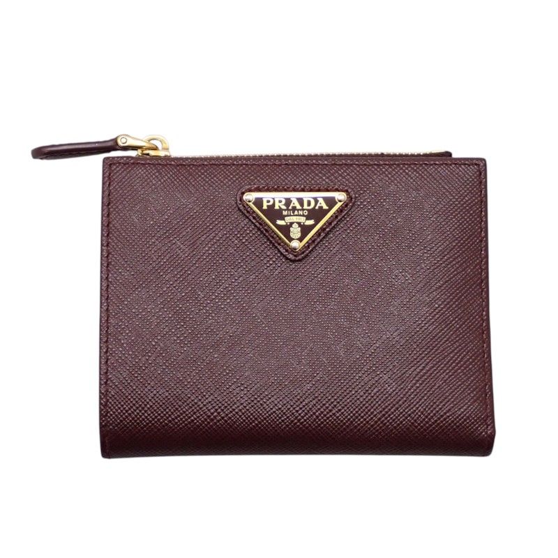 Prada Saffiano Triangle Bifold Wallet Bordeaux Burgundy Gold Genus — view 2