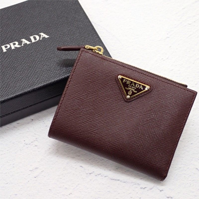 Prada Saffiano Triangle Bifold Wallet Bordeaux Burgundy Gold Genus