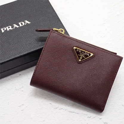 Prada Saffiano Triangle Bifold Wallet Bordeaux Burgundy Gold Genus