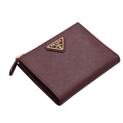 Prada Saffiano Triangle Bifold Wallet Bordeaux Burgundy Gold Genus — view 5