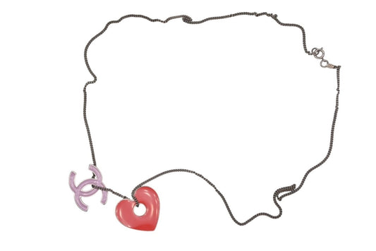 Chanel CC Logo Heart Necklace Metal Pink Red Silver