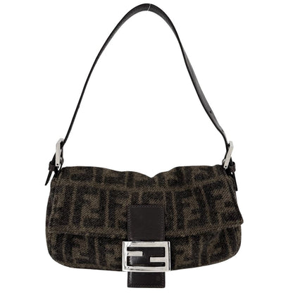 Fendi Handbag Zukka Wool Leather Brown Silver