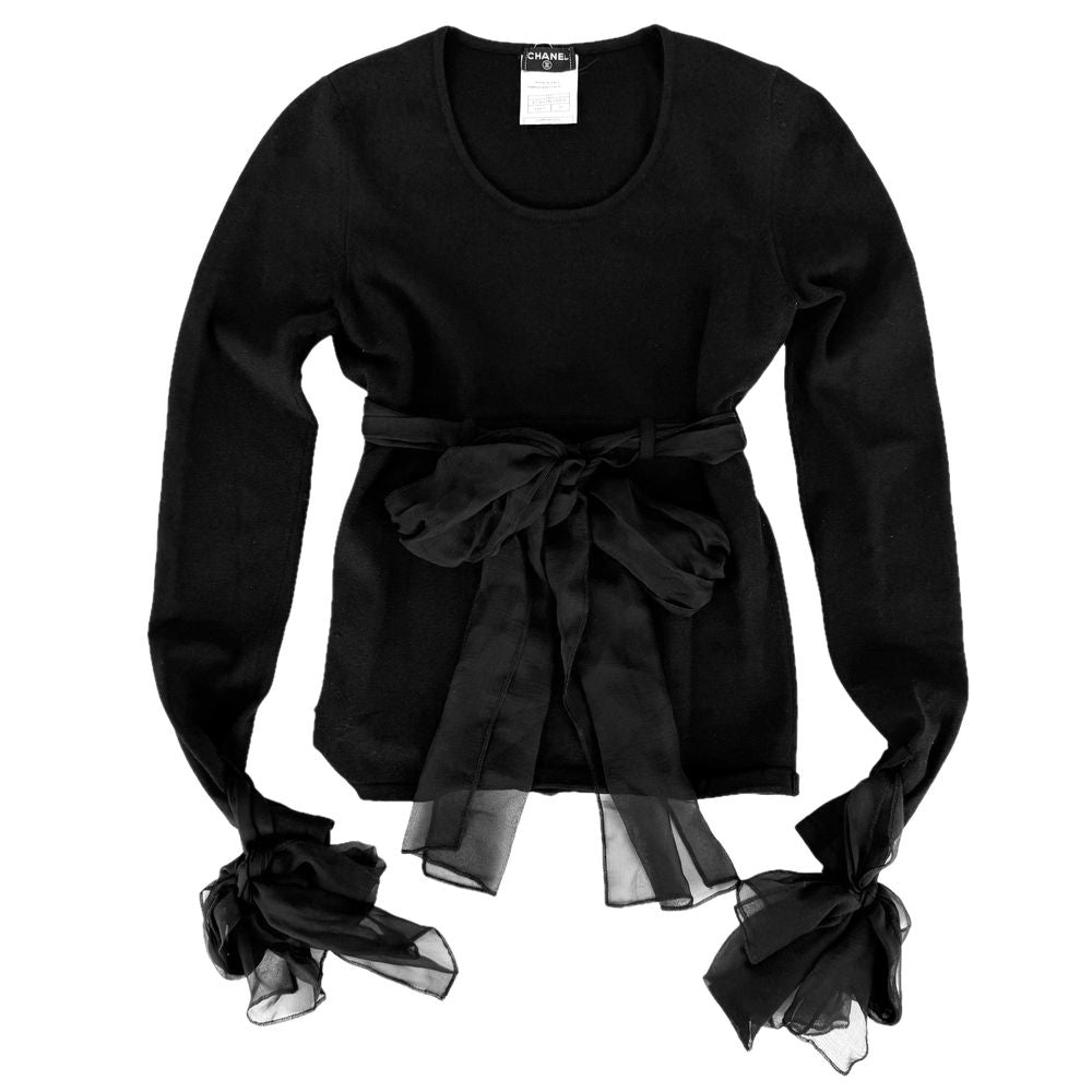 Chanel Top Ribbon Long Sleeve Black Silk Fall Winter 38