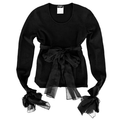 Chanel Top Ribbon Long Sleeve Black Silk Fall Winter 38