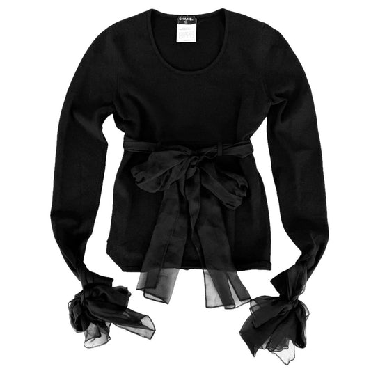 Chanel Top Ribbon Long Sleeve Black Silk Fall Winter 38