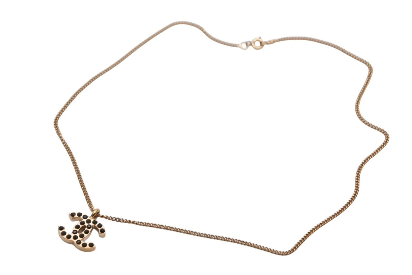Chanel CC Logo Black Rhinestone Necklace Metal Gold