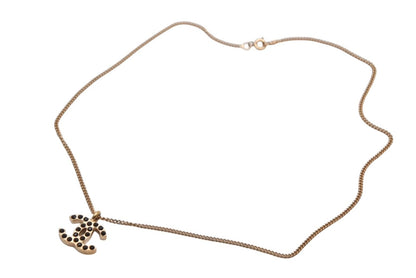 Chanel CC Logo Black Rhinestone Necklace Metal Gold