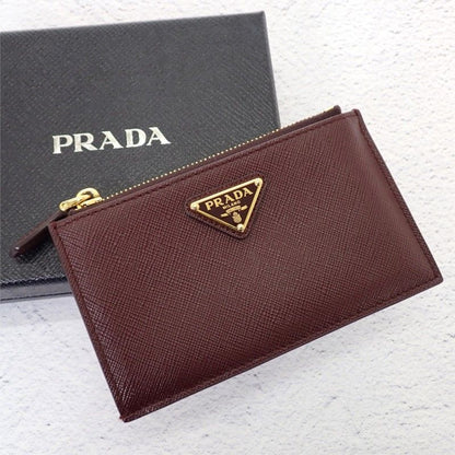 Prada Saffiano Triangle Card Case Bordeaux Burgundy Gold Genus