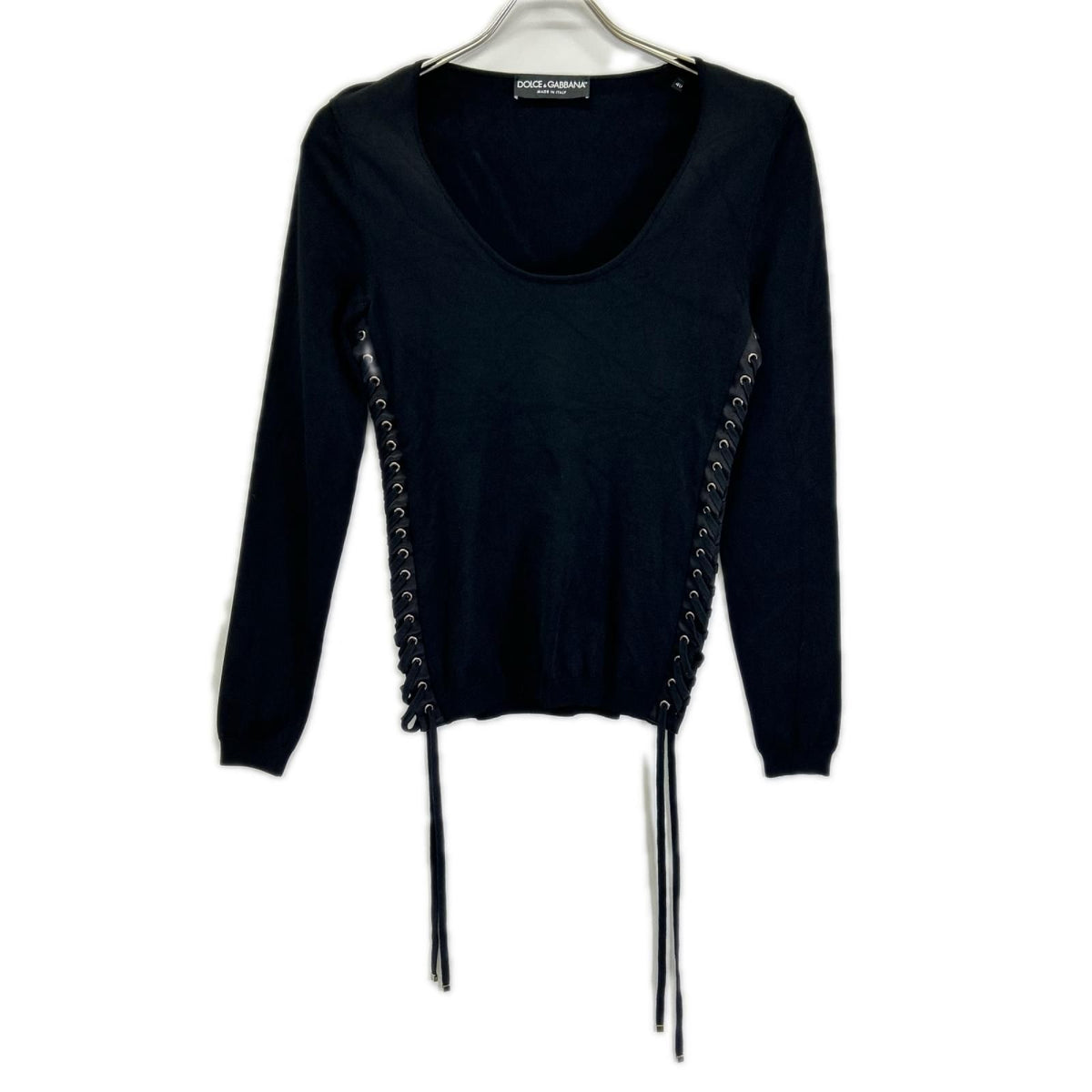 Dolce & Gabbana Black Lace Up Scoop Neck Pullover Sweater 40