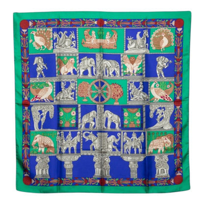 Hermes Carre 90 Torana Tower Scarf Green Multicolor Silk