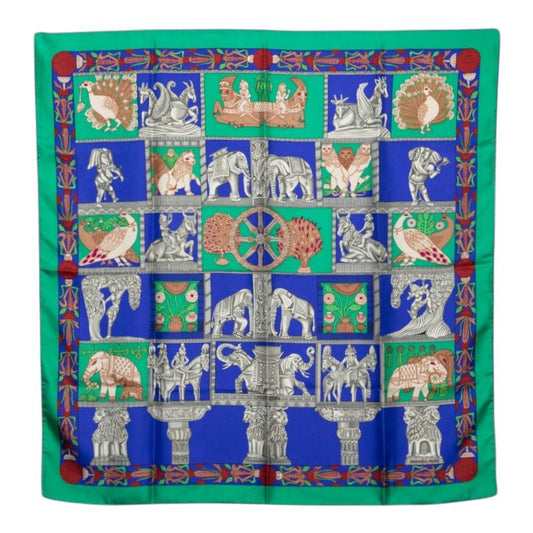 Hermes Carre 90 Torana Tower Scarf Green Multicolor Silk