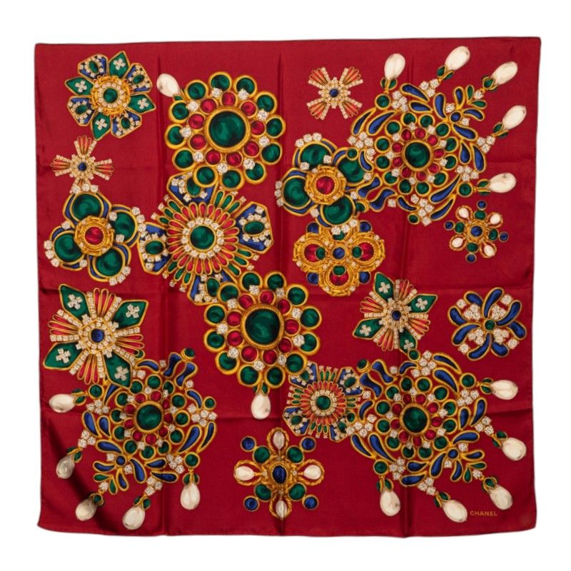 Chanel Scarf Red Multicolor Silk