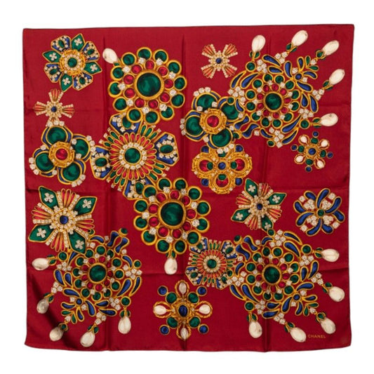 Chanel Scarf Red Multicolor Silk