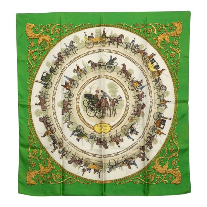 Hermes Carre 90 la Promenade de Longchamps Walkway to Ron Chien Scarf Green