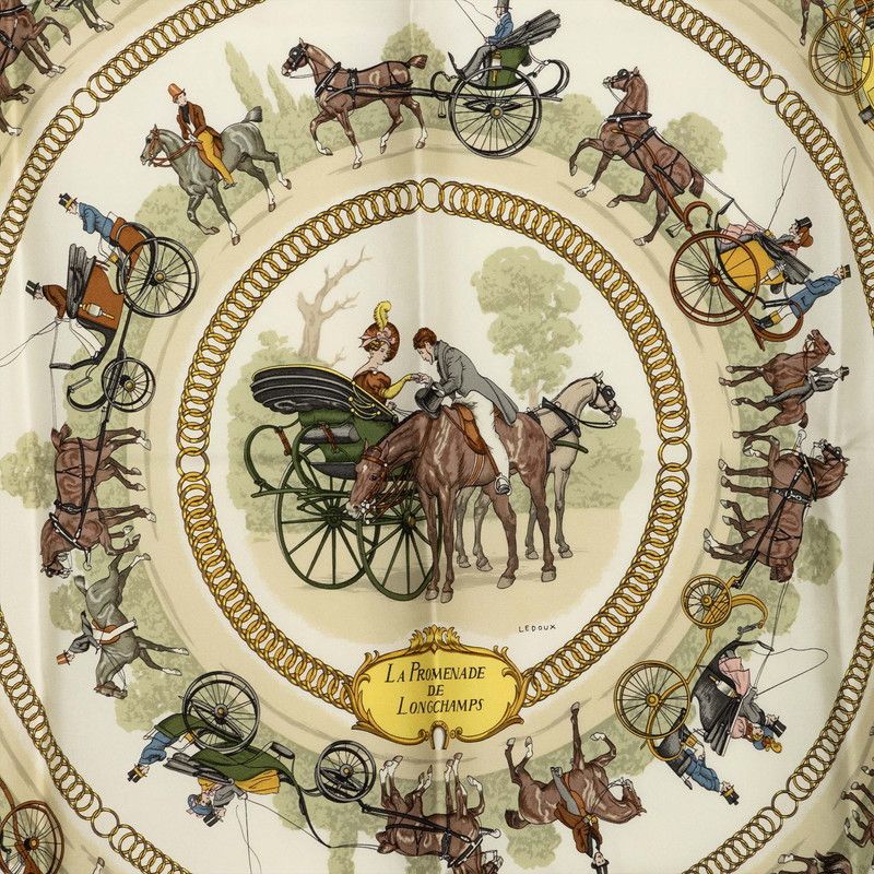 Hermes Carre 90 la Promenade de Longchamps Walkway to Ron Chien Scarf Green — view 3