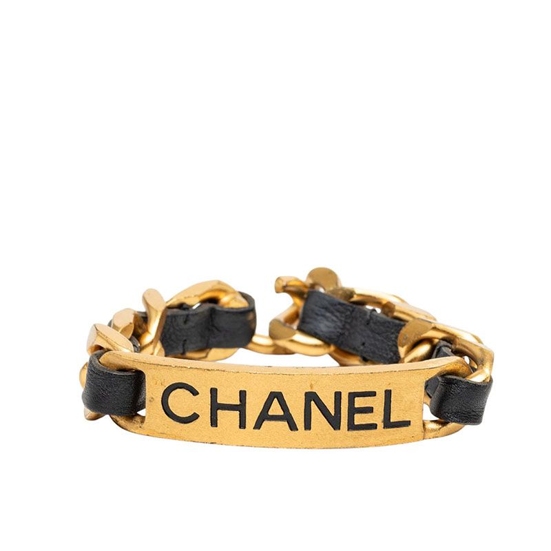 Chanel 95P Logo Plate Vintage Bracelet Gold Black Plated Leather