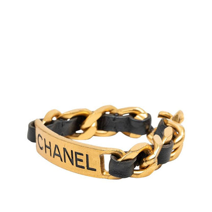 Chanel 95P Logo Plate Vintage Bracelet Gold Black Plated Leather — view 2