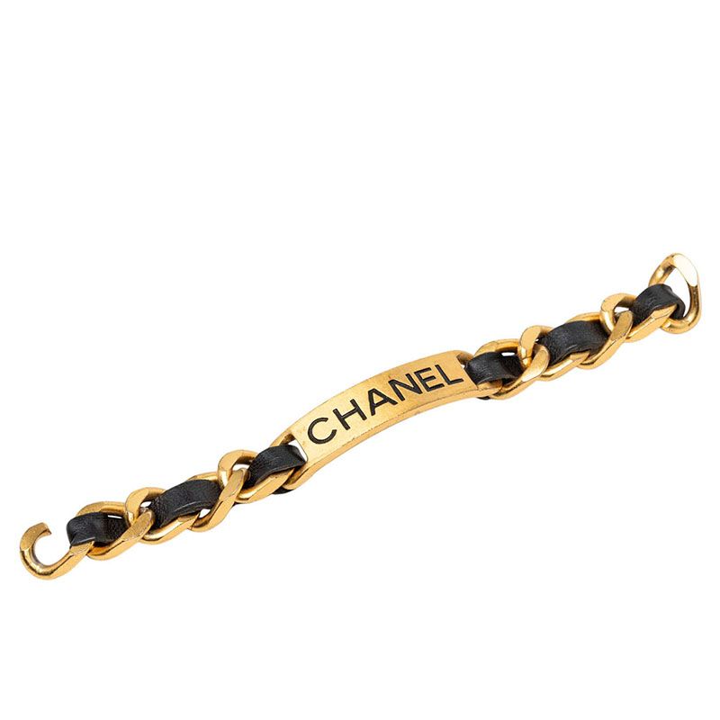 Chanel 95P Logo Plate Vintage Bracelet Gold Black Plated Leather — view 4