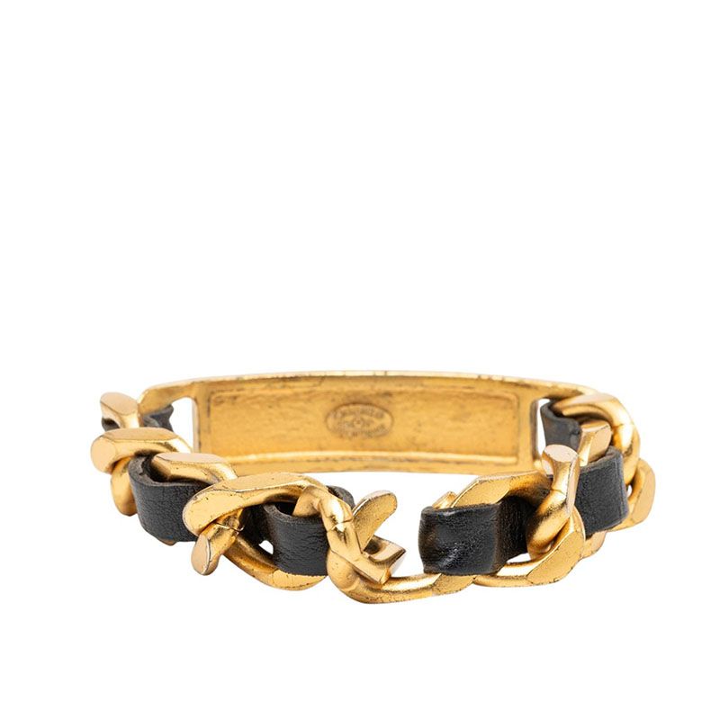 Chanel 95P Logo Plate Vintage Bracelet Gold Black Plated Leather — view 3