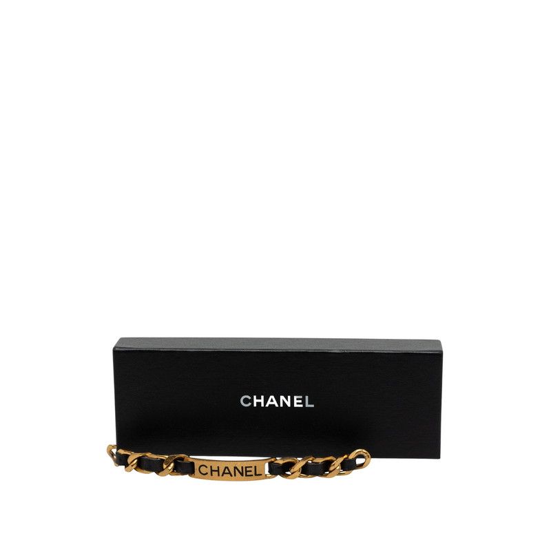 Chanel 95P Logo Plate Vintage Bracelet Gold Black Plated Leather — view 7
