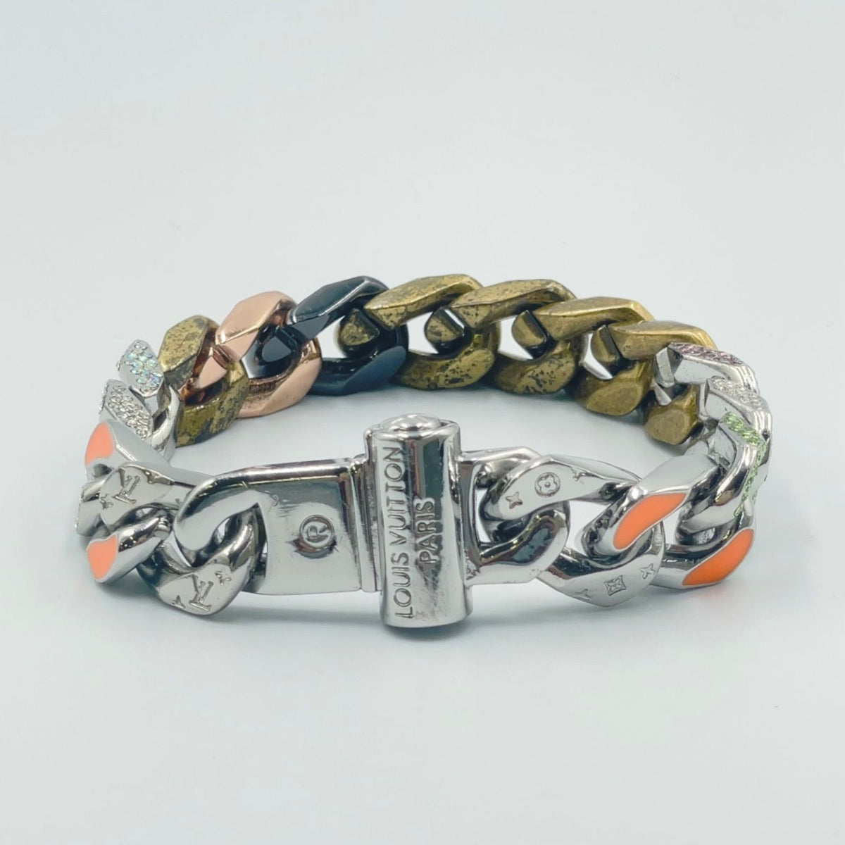 Louis Vuitton Bracelet Chain Links Patches Metal Enamel Color Stone Silver