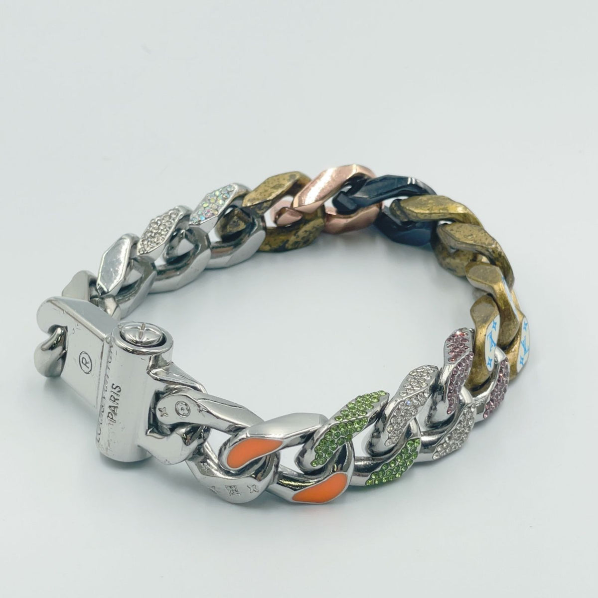 Louis Vuitton Bracelet Chain Links Patches Metal Enamel Color Stone Silver — view 2